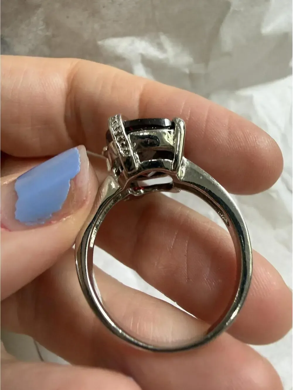 Vintage Style Silver Ring with Large Red Gemstone and Bow Accent 11.5